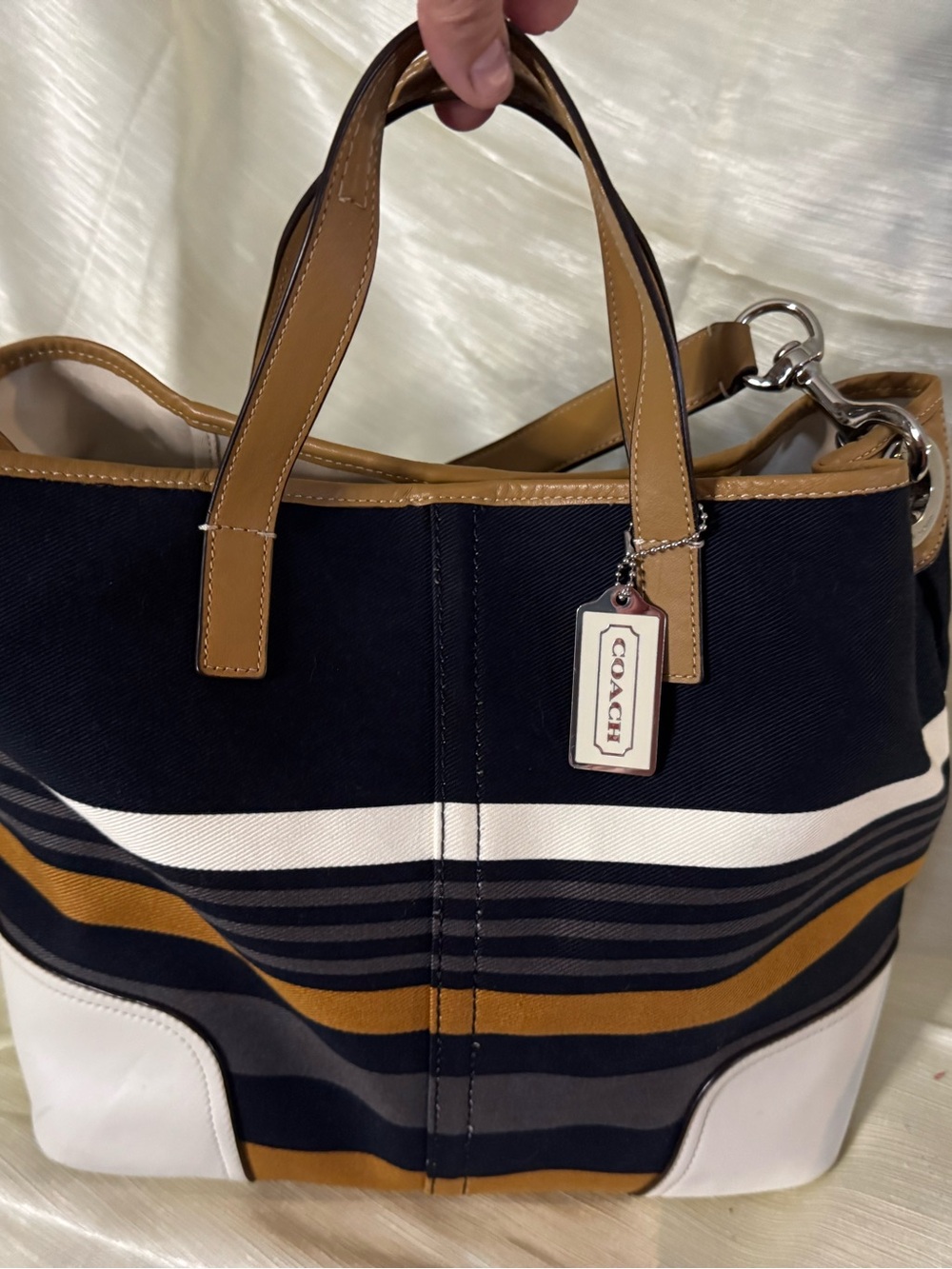 Coach Navy, White & Tan Striped Canvas Tote